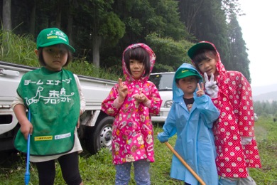 子供達は、雨の中、バッタやカエルなど生き物調査